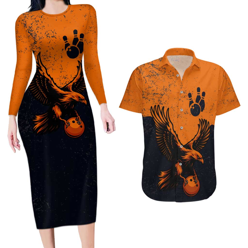 Flying Eagle Carrying Bowling Ball Couples Matching Long Sleeve Bodycon Dress and Hawaiian Shirt with Grunge Orange and Black Splatter Design - Wonder Print Shop