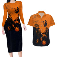 Flying Eagle Carrying Bowling Ball Couples Matching Long Sleeve Bodycon Dress and Hawaiian Shirt with Grunge Orange and Black Splatter Design - Wonder Print Shop