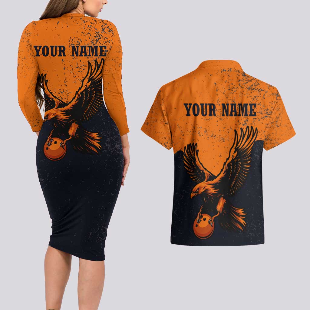 Flying Eagle Carrying Bowling Ball Couples Matching Long Sleeve Bodycon Dress and Hawaiian Shirt with Grunge Orange and Black Splatter Design - Wonder Print Shop