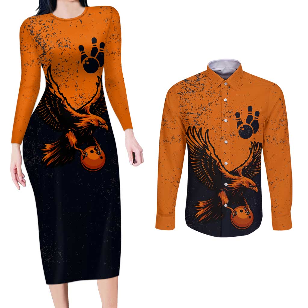 Flying Eagle Carrying Bowling Ball Couples Matching Long Sleeve Bodycon Dress and Long Sleeve Button Shirt with Grunge Orange and Black Splatter Design - Wonder Print Shop