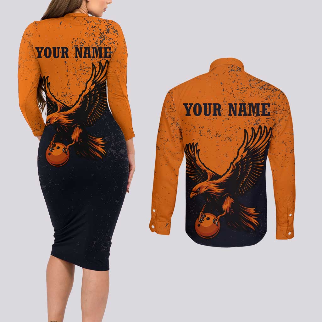 Flying Eagle Carrying Bowling Ball Couples Matching Long Sleeve Bodycon Dress and Long Sleeve Button Shirt with Grunge Orange and Black Splatter Design - Wonder Print Shop