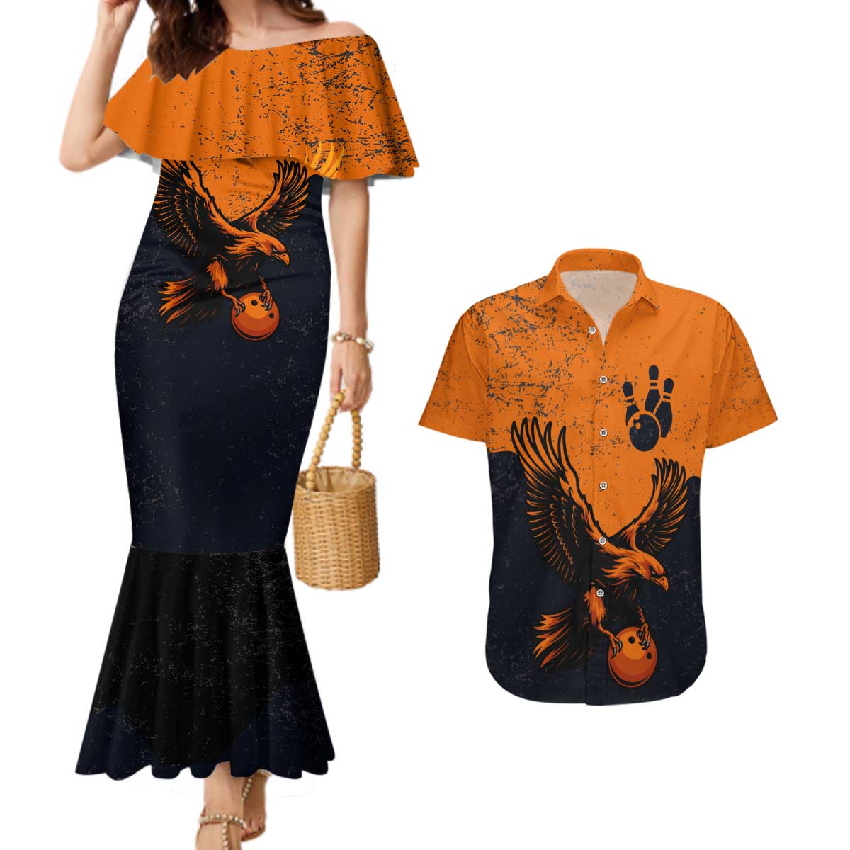 Flying Eagle Carrying Bowling Ball Couples Matching Mermaid Dress and Hawaiian Shirt with Grunge Orange and Black Splatter Design - Wonder Print Shop