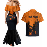 Flying Eagle Carrying Bowling Ball Couples Matching Mermaid Dress and Hawaiian Shirt with Grunge Orange and Black Splatter Design - Wonder Print Shop