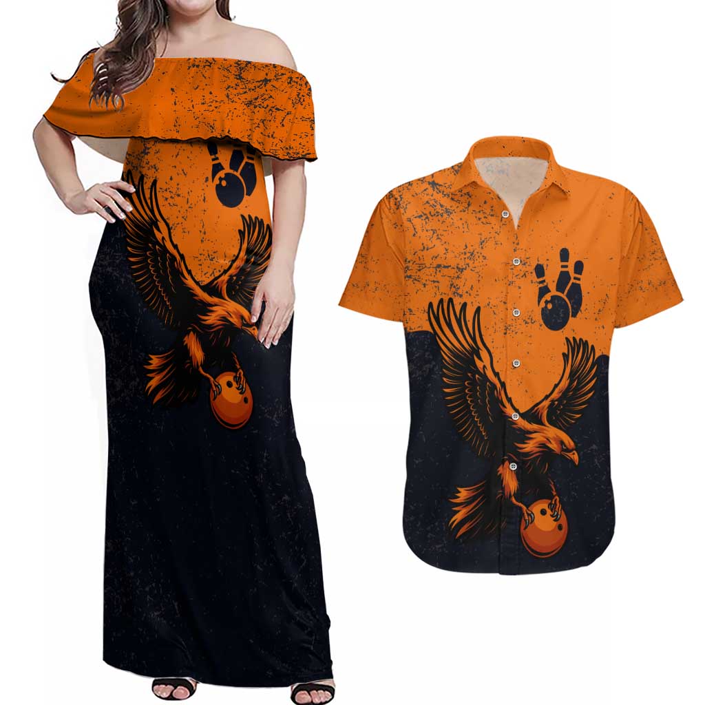 Flying Eagle Carrying Bowling Ball Couples Matching Off Shoulder Maxi Dress and Hawaiian Shirt with Grunge Orange and Black Splatter Design - Wonder Print Shop