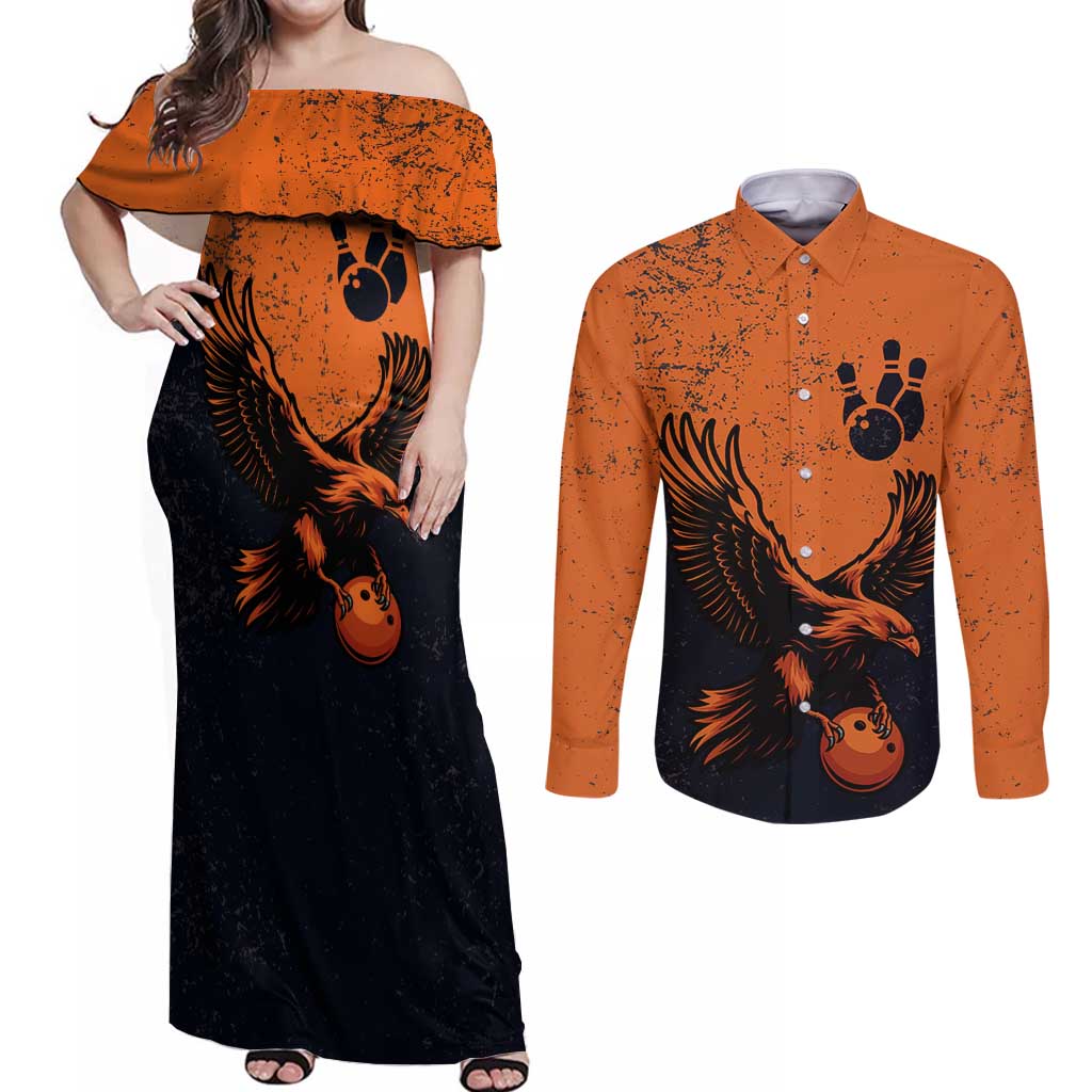 Flying Eagle Carrying Bowling Ball Couples Matching Off Shoulder Maxi Dress and Long Sleeve Button Shirt with Grunge Orange and Black Splatter Design - Wonder Print Shop