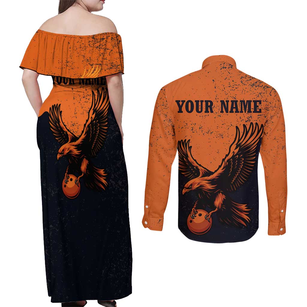 Flying Eagle Carrying Bowling Ball Couples Matching Off Shoulder Maxi Dress and Long Sleeve Button Shirt with Grunge Orange and Black Splatter Design - Wonder Print Shop
