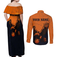 Flying Eagle Carrying Bowling Ball Couples Matching Off Shoulder Maxi Dress and Long Sleeve Button Shirt with Grunge Orange and Black Splatter Design - Wonder Print Shop