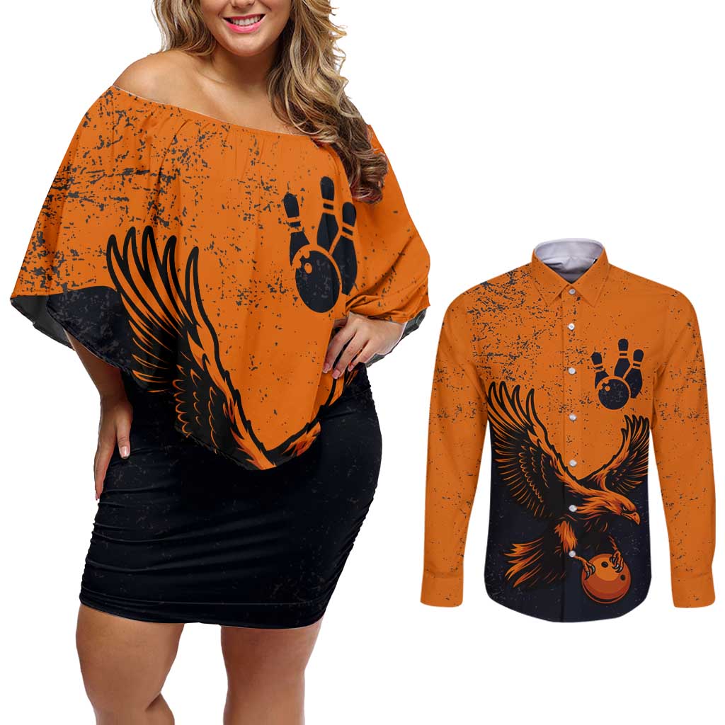 Flying Eagle Carrying Bowling Ball Couples Matching Off Shoulder Short Dress and Long Sleeve Button Shirt with Grunge Orange and Black Splatter Design - Wonder Print Shop