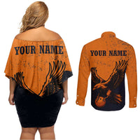Flying Eagle Carrying Bowling Ball Couples Matching Off Shoulder Short Dress and Long Sleeve Button Shirt with Grunge Orange and Black Splatter Design - Wonder Print Shop