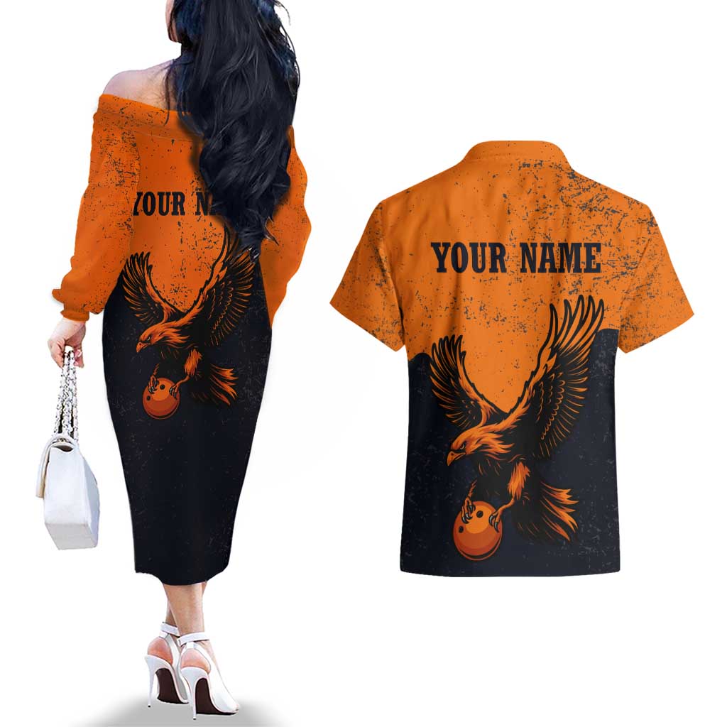 Flying Eagle Carrying Bowling Ball Couples Matching Off The Shoulder Long Sleeve Dress and Hawaiian Shirt with Grunge Orange and Black Splatter Design - Wonder Print Shop