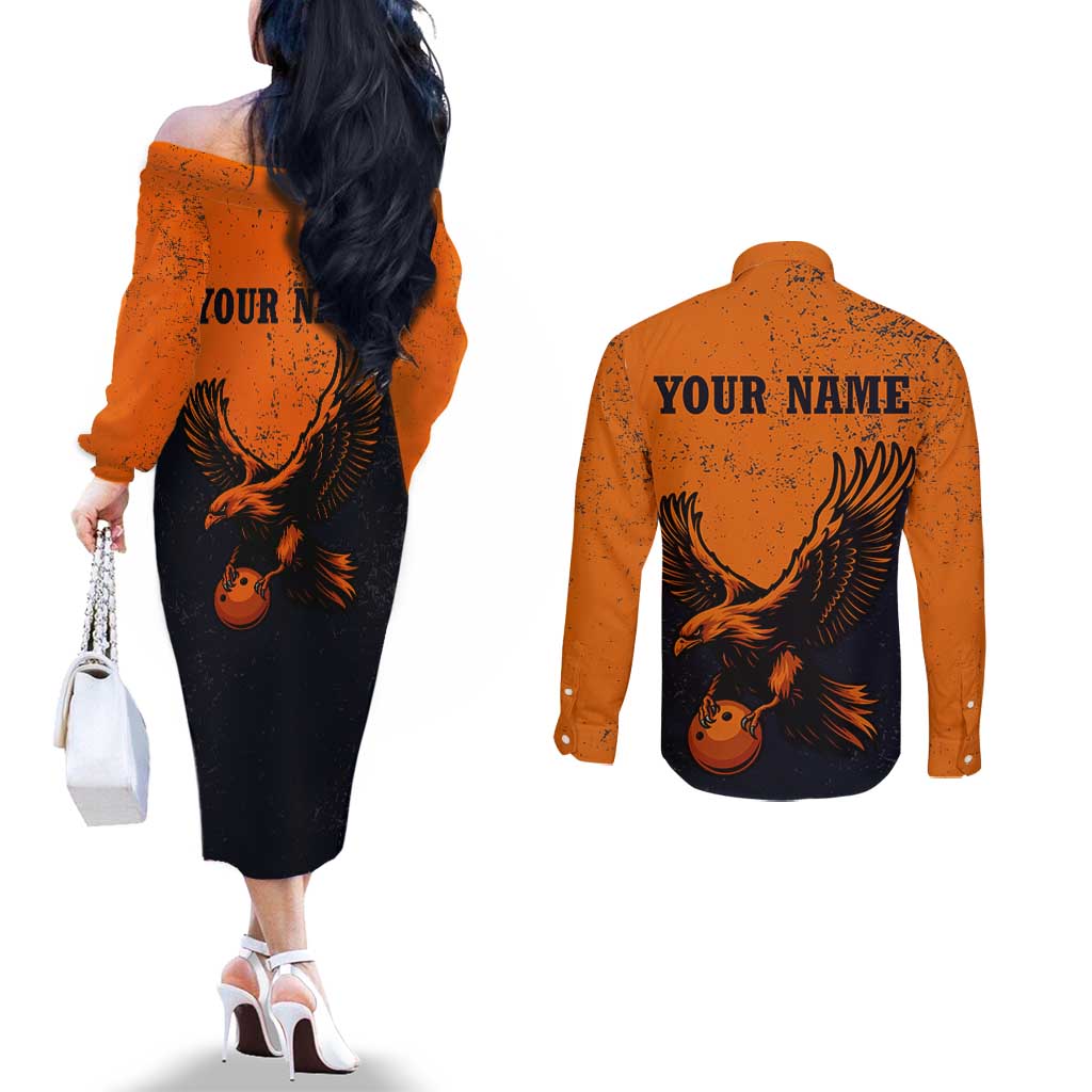 Flying Eagle Carrying Bowling Ball Couples Matching Off The Shoulder Long Sleeve Dress and Long Sleeve Button Shirt with Grunge Orange and Black Splatter Design - Wonder Print Shop
