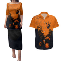 Flying Eagle Carrying Bowling Ball Couples Matching Puletasi and Hawaiian Shirt with Grunge Orange and Black Splatter Design - Wonder Print Shop