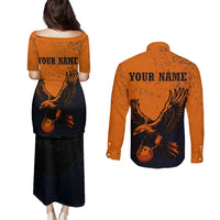 Flying Eagle Carrying Bowling Ball Couples Matching Puletasi and Long Sleeve Button Shirt with Grunge Orange and Black Splatter Design - Wonder Print Shop