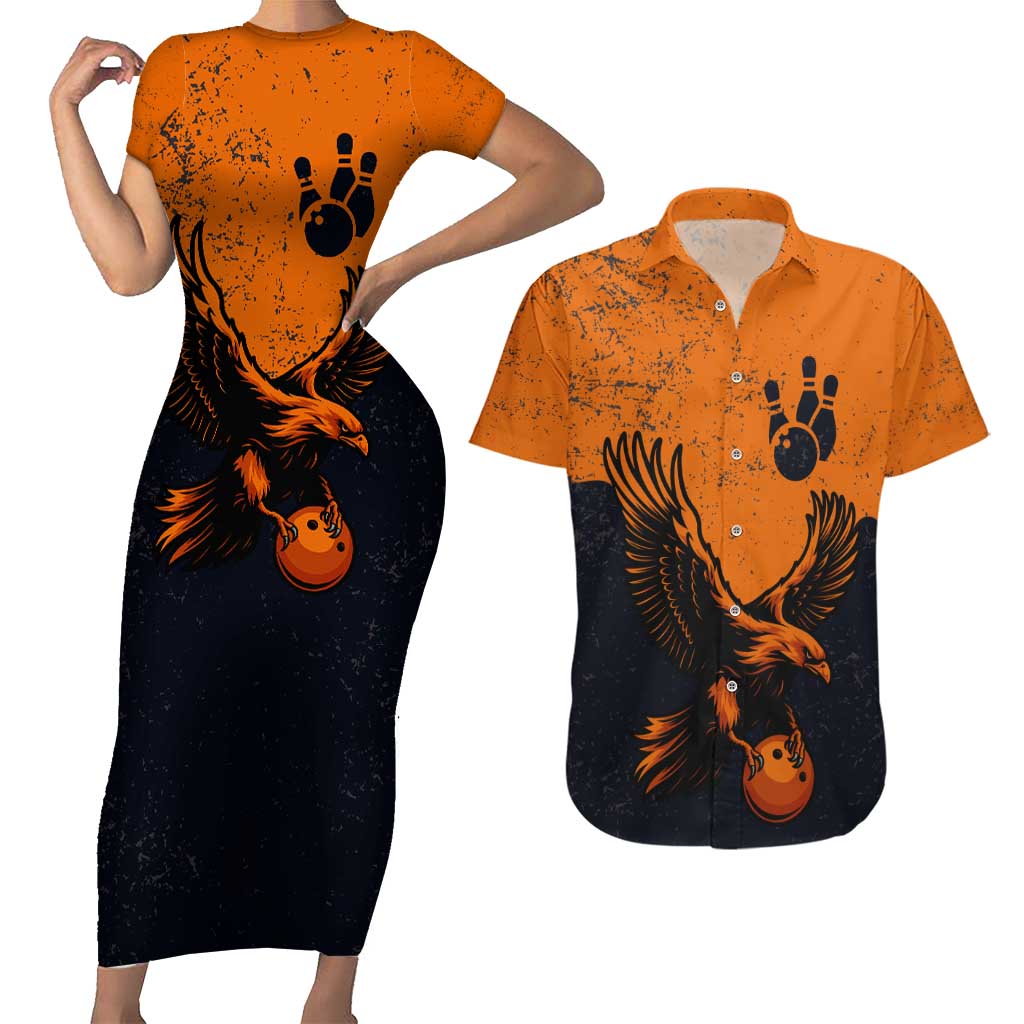 Flying Eagle Carrying Bowling Ball Couples Matching Short Sleeve Bodycon Dress and Hawaiian Shirt with Grunge Orange and Black Splatter Design - Wonder Print Shop