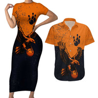 Flying Eagle Carrying Bowling Ball Couples Matching Short Sleeve Bodycon Dress and Hawaiian Shirt with Grunge Orange and Black Splatter Design - Wonder Print Shop