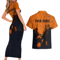 Flying Eagle Carrying Bowling Ball Couples Matching Short Sleeve Bodycon Dress and Hawaiian Shirt with Grunge Orange and Black Splatter Design - Wonder Print Shop