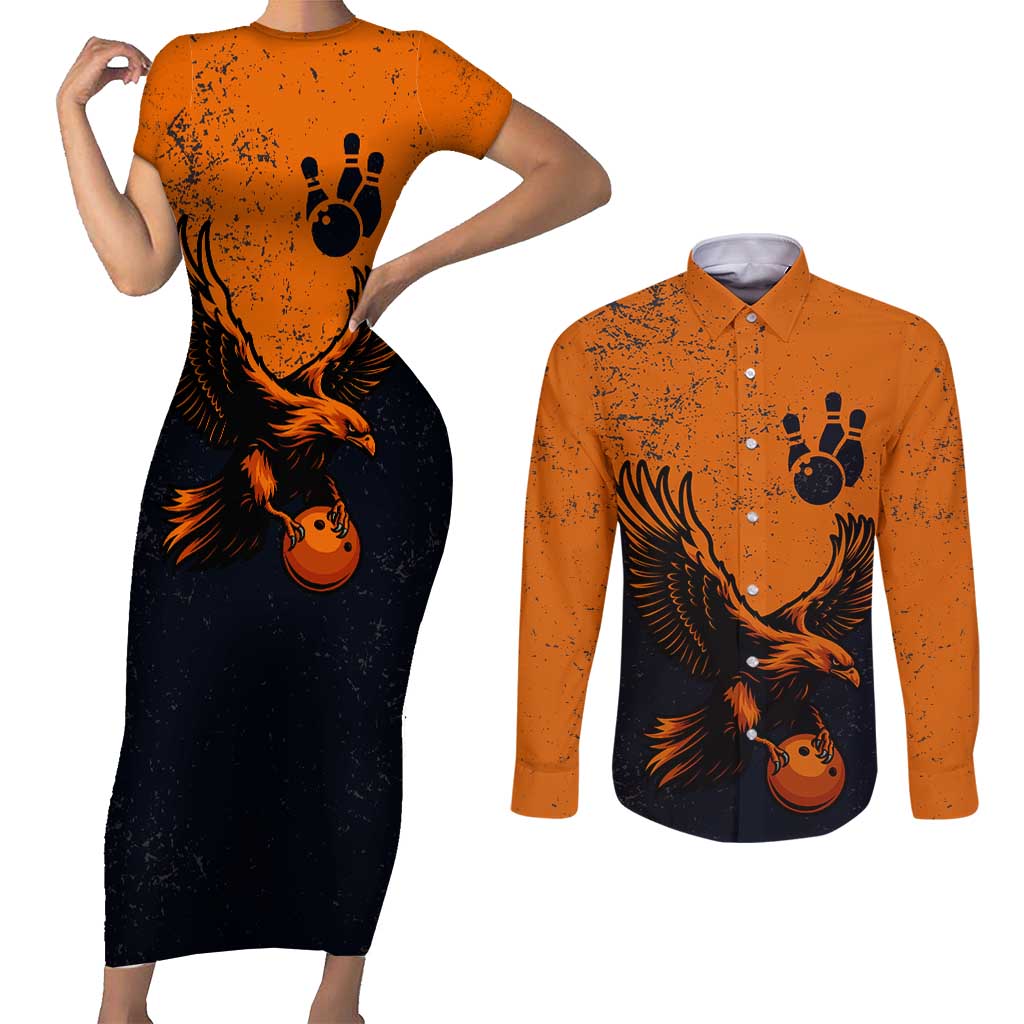 Flying Eagle Carrying Bowling Ball Couples Matching Short Sleeve Bodycon Dress and Long Sleeve Button Shirt with Grunge Orange and Black Splatter Design - Wonder Print Shop