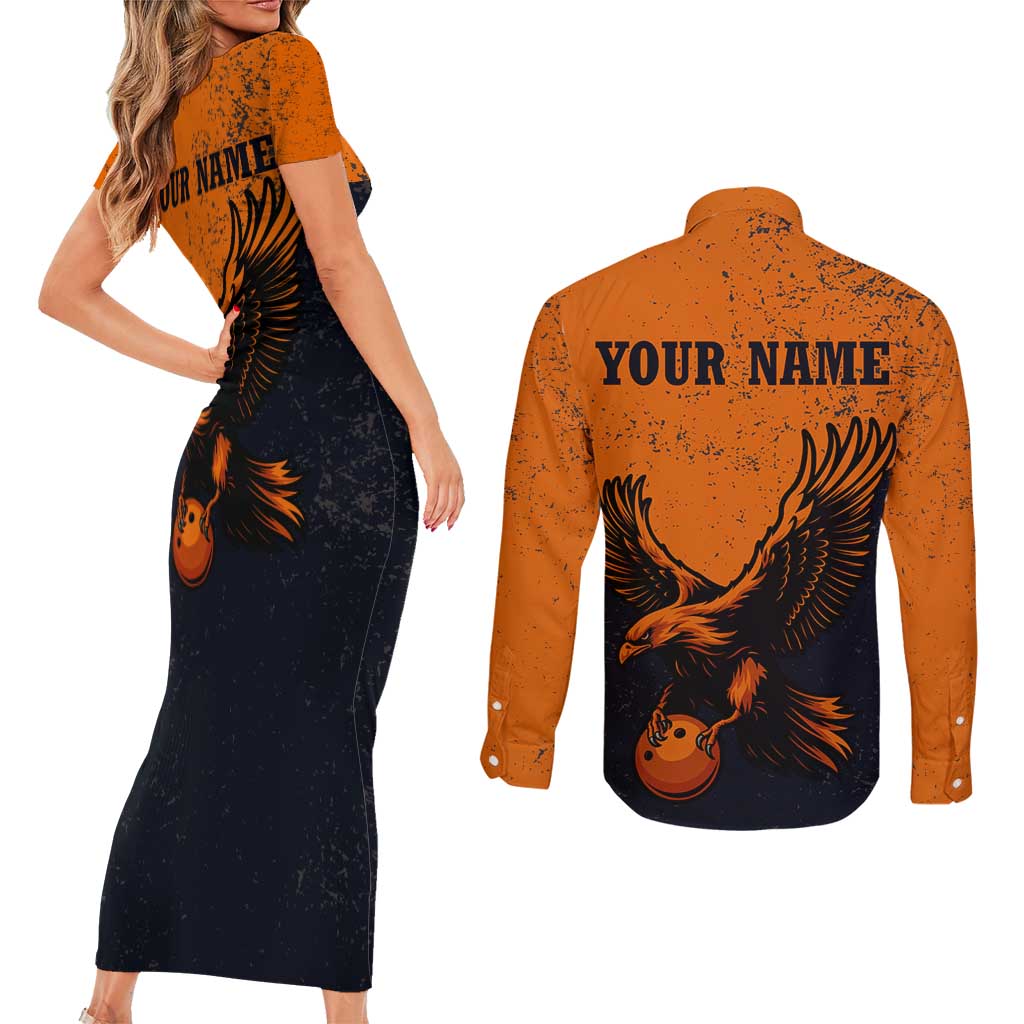 Flying Eagle Carrying Bowling Ball Couples Matching Short Sleeve Bodycon Dress and Long Sleeve Button Shirt with Grunge Orange and Black Splatter Design - Wonder Print Shop