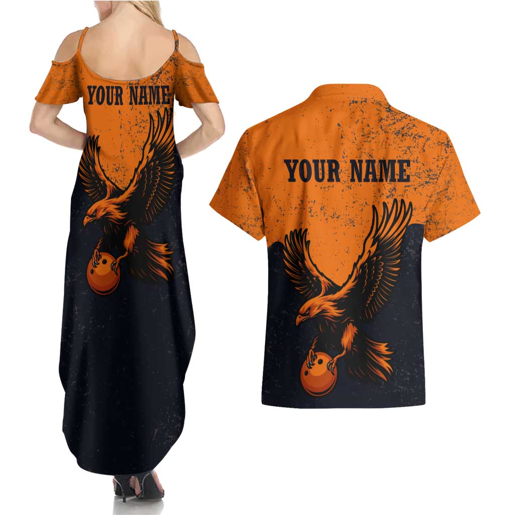 Flying Eagle Carrying Bowling Ball Couples Matching Summer Maxi Dress and Hawaiian Shirt with Grunge Orange and Black Splatter Design - Wonder Print Shop