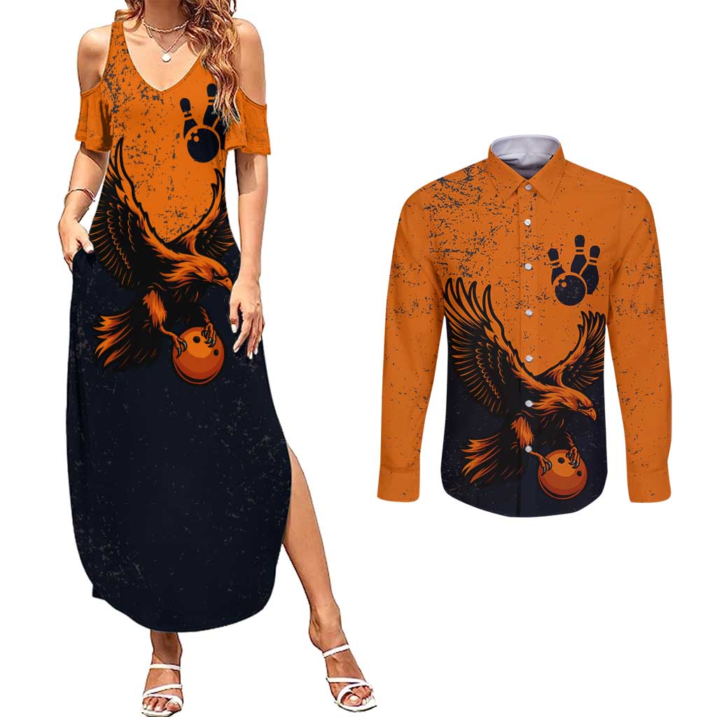 Flying Eagle Carrying Bowling Ball Couples Matching Summer Maxi Dress and Long Sleeve Button Shirt with Grunge Orange and Black Splatter Design - Wonder Print Shop