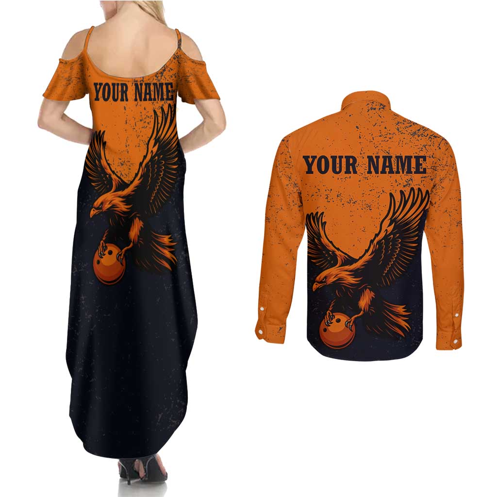 Flying Eagle Carrying Bowling Ball Couples Matching Summer Maxi Dress and Long Sleeve Button Shirt with Grunge Orange and Black Splatter Design - Wonder Print Shop
