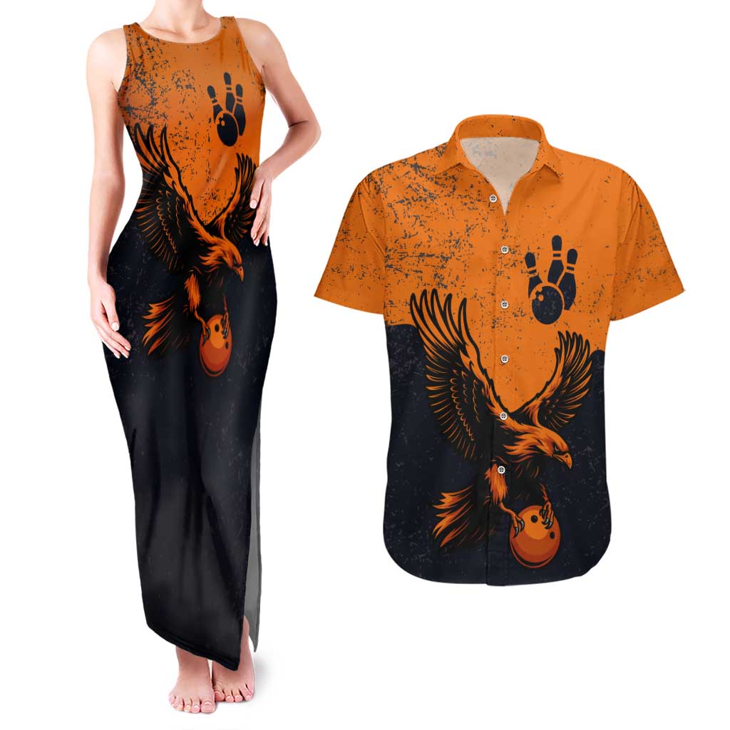 Flying Eagle Carrying Bowling Ball Couples Matching Tank Maxi Dress and Hawaiian Shirt with Grunge Orange and Black Splatter Design - Wonder Print Shop