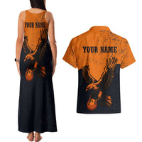 Flying Eagle Carrying Bowling Ball Couples Matching Tank Maxi Dress and Hawaiian Shirt with Grunge Orange and Black Splatter Design - Wonder Print Shop