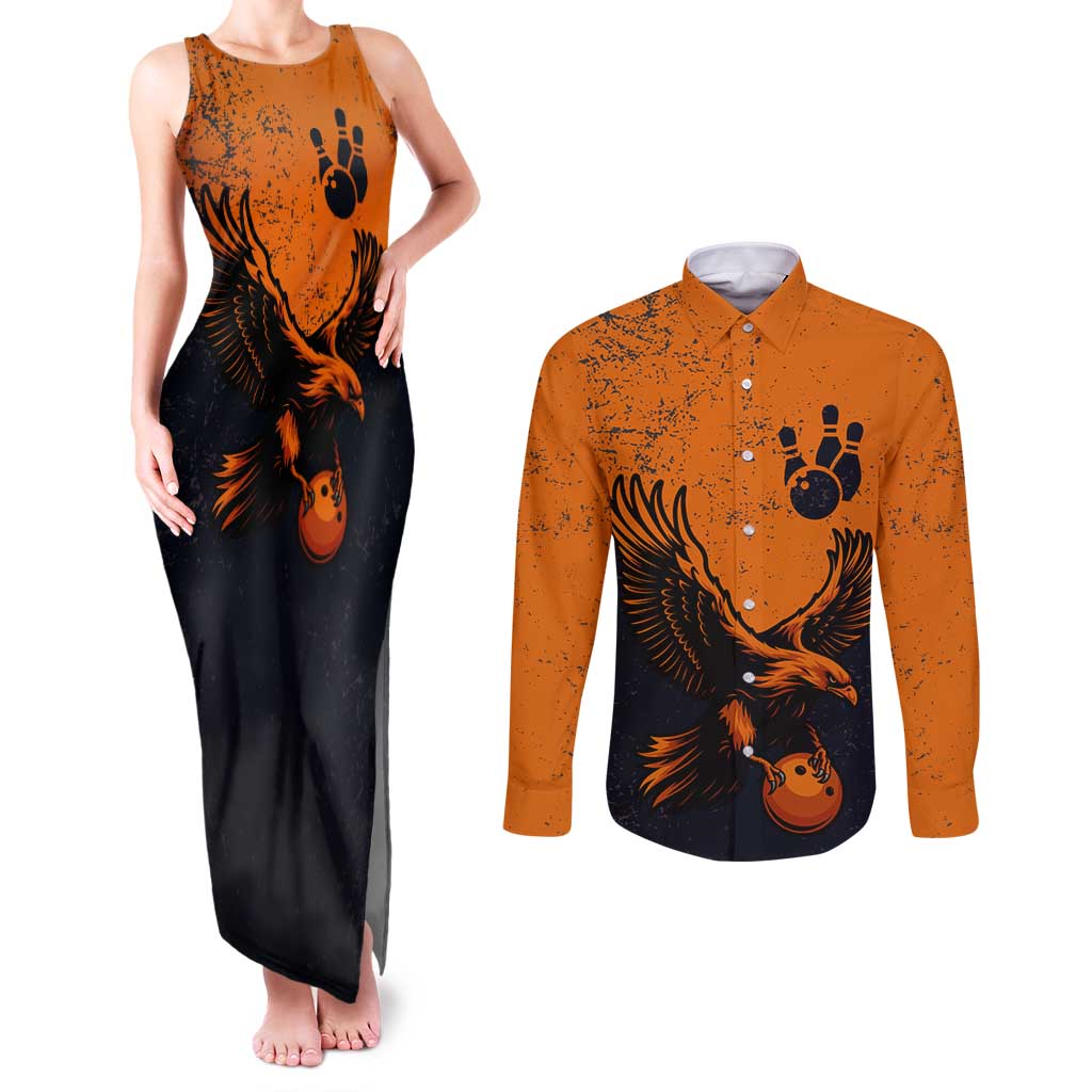 Flying Eagle Carrying Bowling Ball Couples Matching Tank Maxi Dress and Long Sleeve Button Shirt with Grunge Orange and Black Splatter Design - Wonder Print Shop