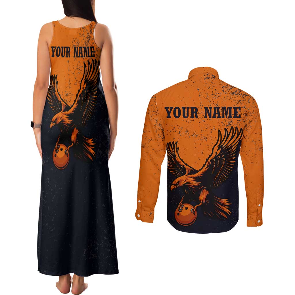 Flying Eagle Carrying Bowling Ball Couples Matching Tank Maxi Dress and Long Sleeve Button Shirt with Grunge Orange and Black Splatter Design - Wonder Print Shop