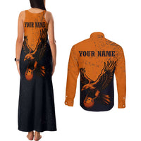 Flying Eagle Carrying Bowling Ball Couples Matching Tank Maxi Dress and Long Sleeve Button Shirt with Grunge Orange and Black Splatter Design - Wonder Print Shop