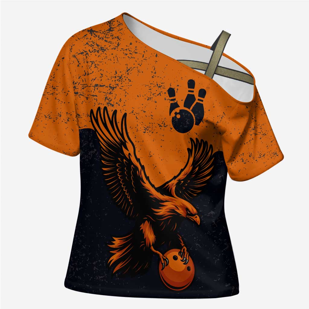 Flying Eagle Carrying Bowling Ball Cross Shoulder Shirt with Grunge Orange and Black Splatter Design - Wonder Print Shop
