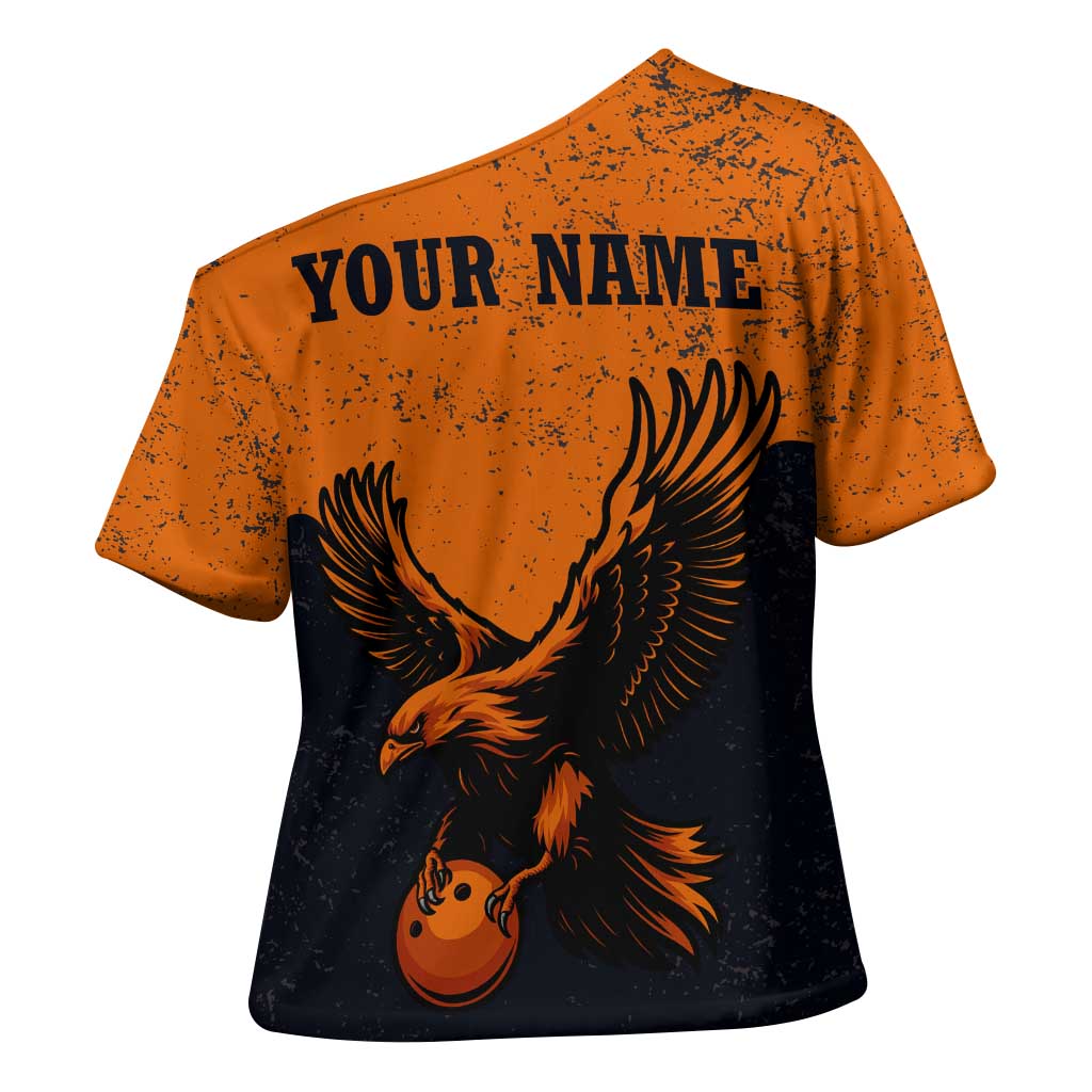 Flying Eagle Carrying Bowling Ball Cross Shoulder Shirt with Grunge Orange and Black Splatter Design - Wonder Print Shop