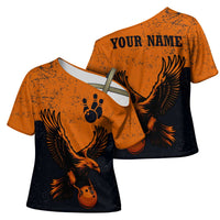Flying Eagle Carrying Bowling Ball Cross Shoulder Shirt with Grunge Orange and Black Splatter Design - Wonder Print Shop