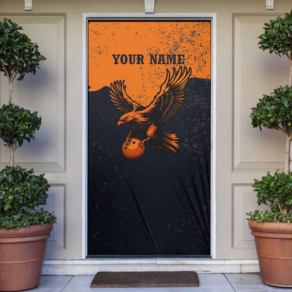 Flying Eagle Carrying Bowling Ball Door Cover with Grunge Orange and Black Splatter Design - Wonder Print Shop