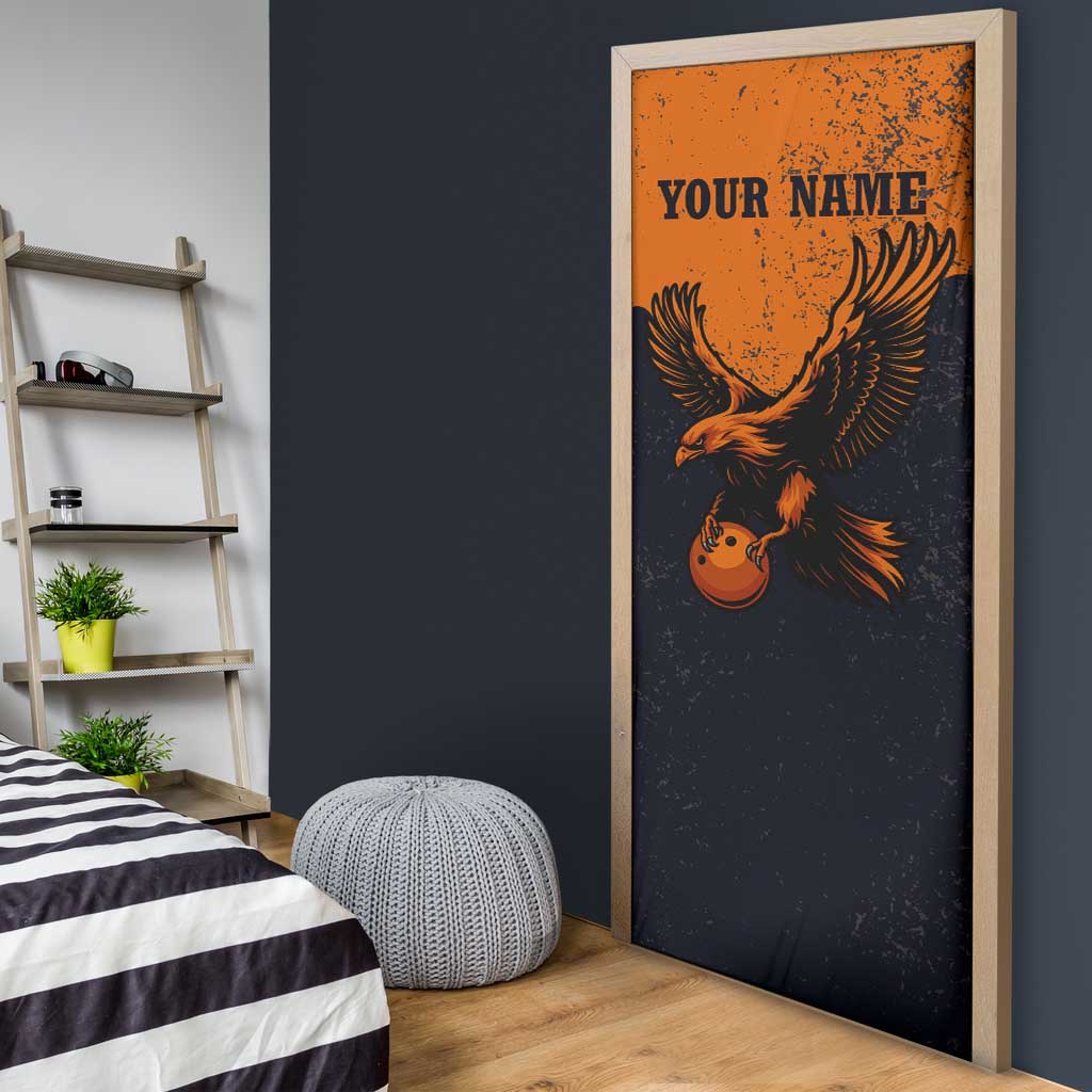 Flying Eagle Carrying Bowling Ball Door Cover with Grunge Orange and Black Splatter Design - Wonder Print Shop