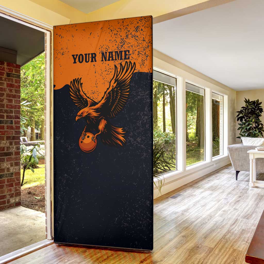 Flying Eagle Carrying Bowling Ball Door Cover with Grunge Orange and Black Splatter Design - Wonder Print Shop