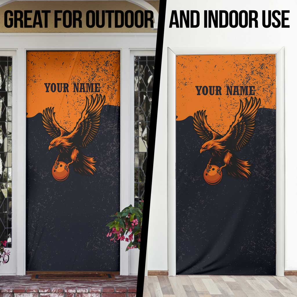 Flying Eagle Carrying Bowling Ball Door Cover with Grunge Orange and Black Splatter Design - Wonder Print Shop