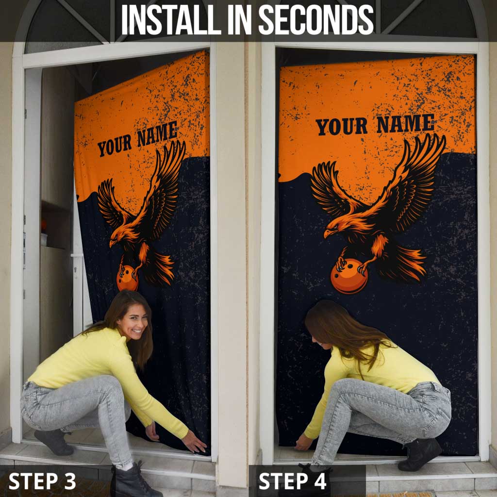 Flying Eagle Carrying Bowling Ball Door Cover with Grunge Orange and Black Splatter Design - Wonder Print Shop