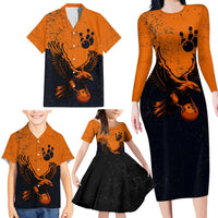 Flying Eagle Carrying Bowling Ball Family Matching Long Sleeve Bodycon Dress and Hawaiian Shirt with Grunge Orange and Black Splatter Design - Wonder Print Shop