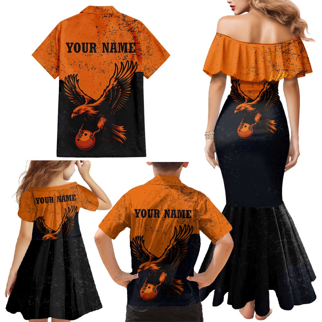 Flying Eagle Carrying Bowling Ball Family Matching Mermaid Dress and Hawaiian Shirt with Grunge Orange and Black Splatter Design - Wonder Print Shop