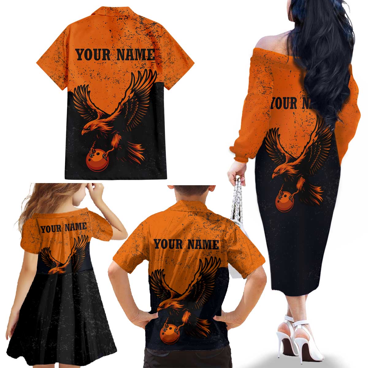 Flying Eagle Carrying Bowling Ball Family Matching Off The Shoulder Long Sleeve Dress and Hawaiian Shirt with Grunge Orange and Black Splatter Design - Wonder Print Shop