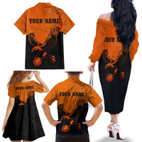Flying Eagle Carrying Bowling Ball Family Matching Off The Shoulder Long Sleeve Dress and Hawaiian Shirt with Grunge Orange and Black Splatter Design - Wonder Print Shop