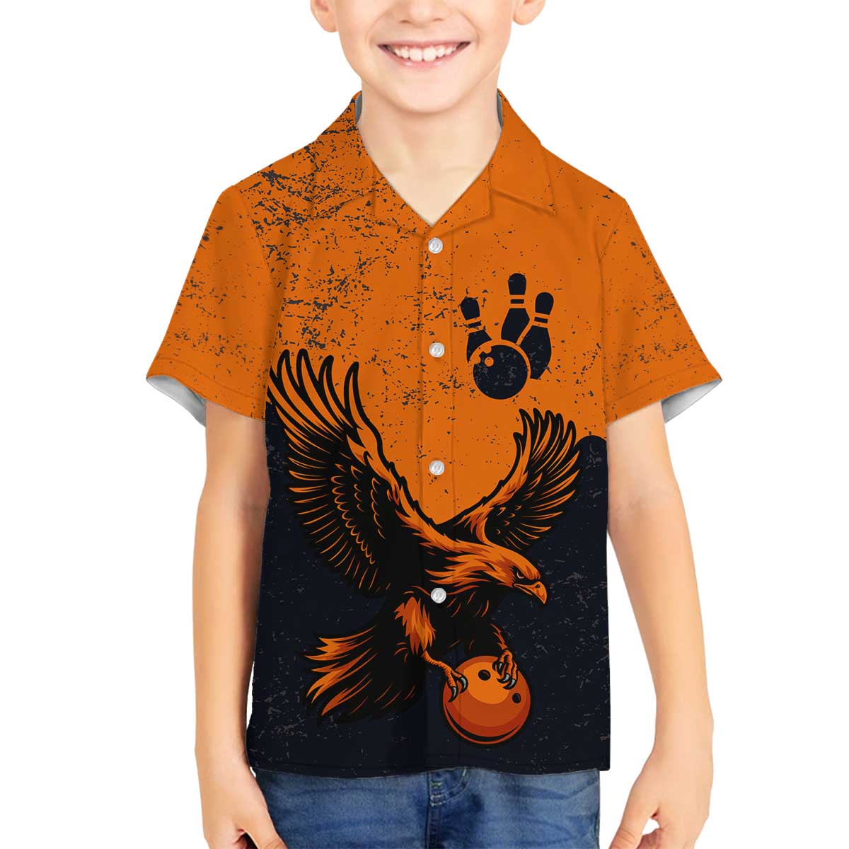 Flying Eagle Carrying Bowling Ball Family Matching Off The Shoulder Long Sleeve Dress and Hawaiian Shirt with Grunge Orange and Black Splatter Design - Wonder Print Shop