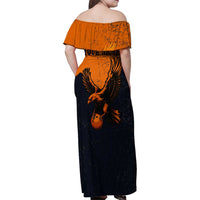 Flying Eagle Carrying Bowling Ball Family Matching Off Shoulder Maxi Dress and Hawaiian Shirt with Grunge Orange and Black Splatter Design - Wonder Print Shop