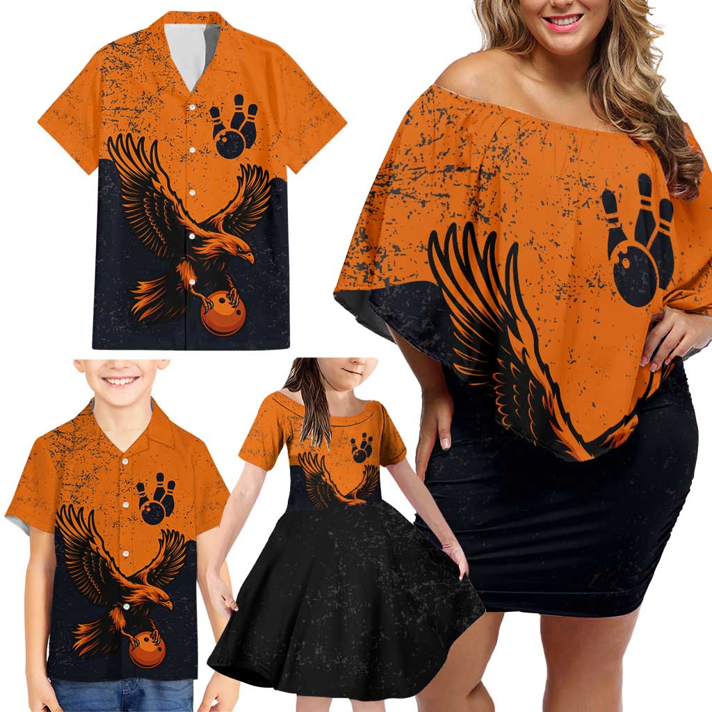 Flying Eagle Carrying Bowling Ball Family Matching Off Shoulder Short Dress and Hawaiian Shirt with Grunge Orange and Black Splatter Design - Wonder Print Shop
