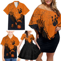 Flying Eagle Carrying Bowling Ball Family Matching Off Shoulder Short Dress and Hawaiian Shirt with Grunge Orange and Black Splatter Design - Wonder Print Shop