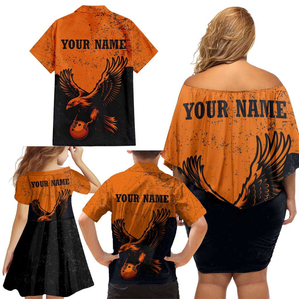 Flying Eagle Carrying Bowling Ball Family Matching Off Shoulder Short Dress and Hawaiian Shirt with Grunge Orange and Black Splatter Design - Wonder Print Shop