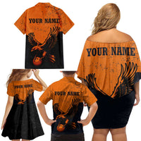 Flying Eagle Carrying Bowling Ball Family Matching Off Shoulder Short Dress and Hawaiian Shirt with Grunge Orange and Black Splatter Design - Wonder Print Shop