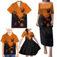 Flying Eagle Carrying Bowling Ball Family Matching Puletasi and Hawaiian Shirt with Grunge Orange and Black Splatter Design - Wonder Print Shop