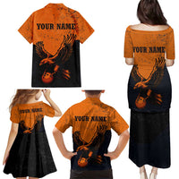 Flying Eagle Carrying Bowling Ball Family Matching Puletasi and Hawaiian Shirt with Grunge Orange and Black Splatter Design - Wonder Print Shop